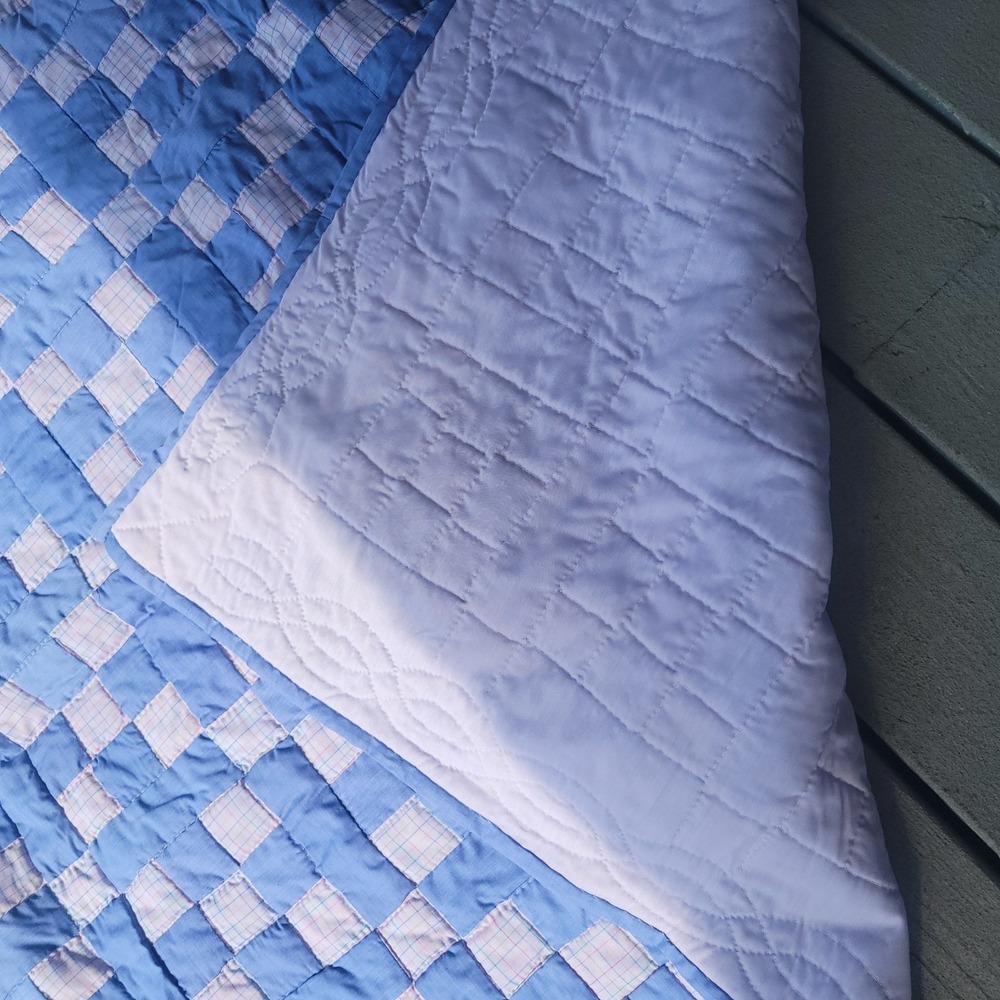 Vintage Handmade Hand Stitched Patchwork Quilt Bedspread 80x92 Blue Pink - Picture 6 of 9